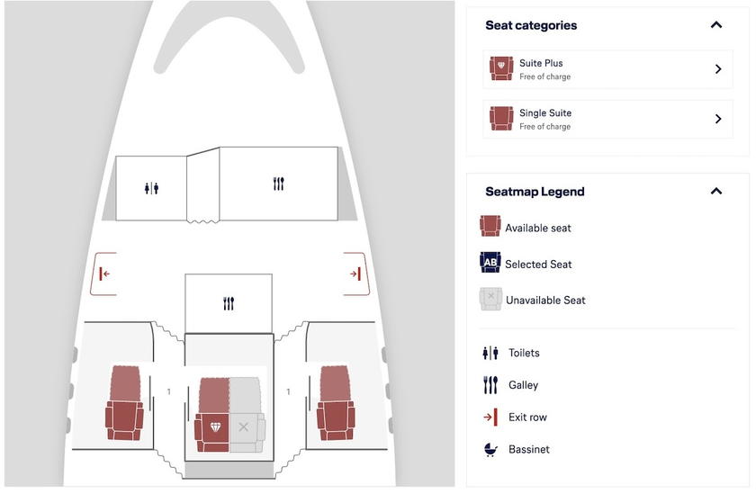 Seat map of the SWISS Senses A350 first class cabin showing the two standard suites and center double suite