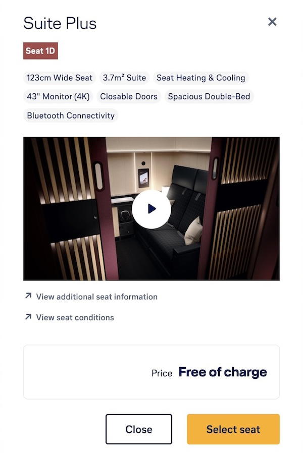 Online seat selection screen for SWISS first class highlighting the center double suite