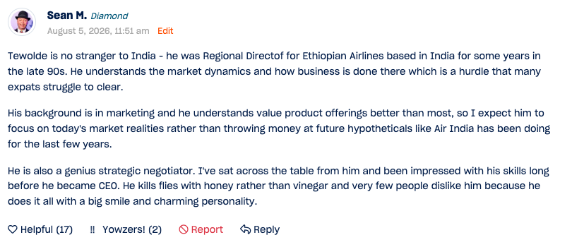 Screenshot of the OMAAT comment with the most hearts, left on a post about Air India's new CEO