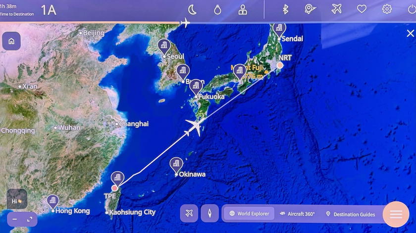 Seatback map feature showing the flight's progress over Japan