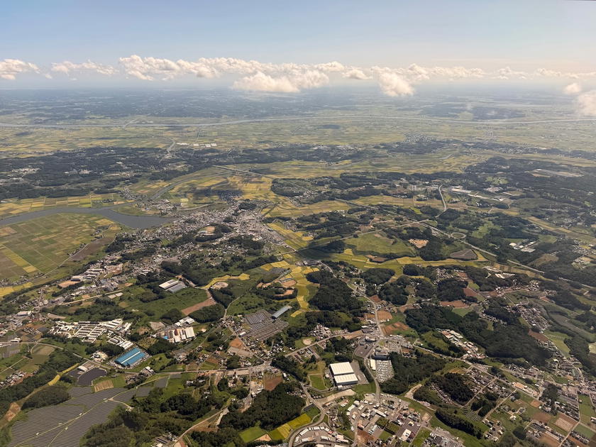 Aerial view of the Tokyo-area landscape while approaching Narita Airport