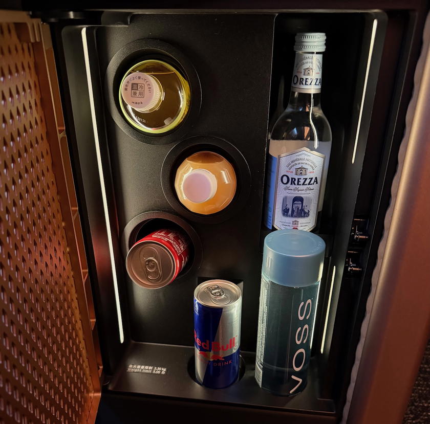 Minibar built into the Starlux Airlines first class seat on the A350