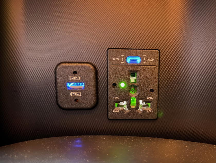Charging ports in the Starlux Airlines first class suite on the A350