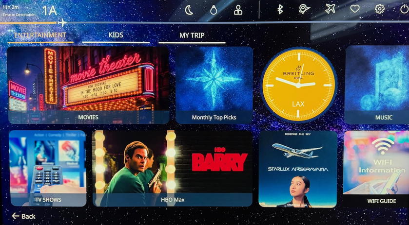 Entertainment screen in Starlux Airlines first class on the A350