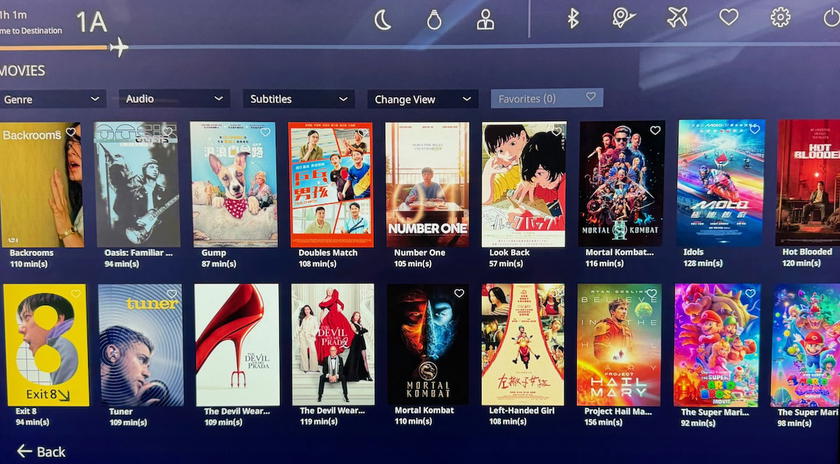 Entertainment menu displayed on the Starlux Airlines first class screen