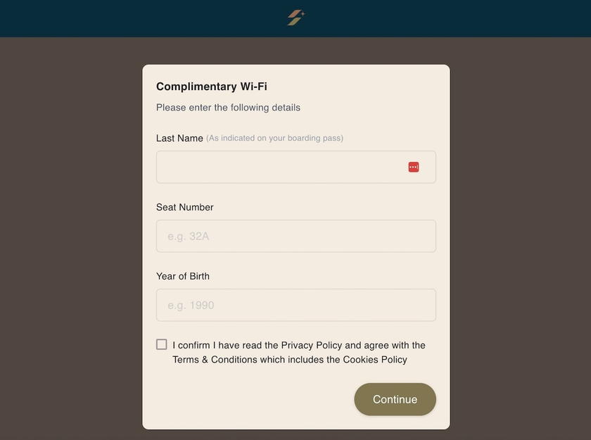 Complimentary Wi-Fi sign-in screen in Starlux Airlines first class