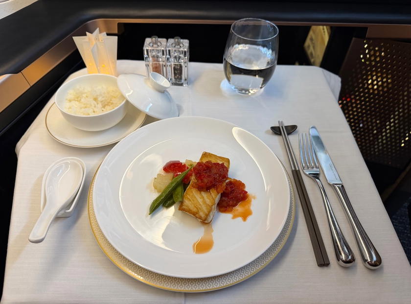 Main course plated for Starlux Airlines A350 first class dinner service