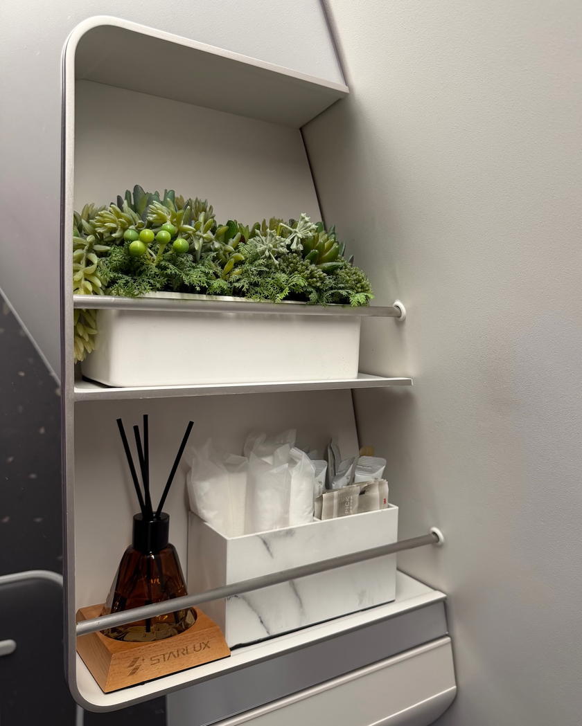 Amenities laid out in the Starlux Airlines A350 first class lavatory