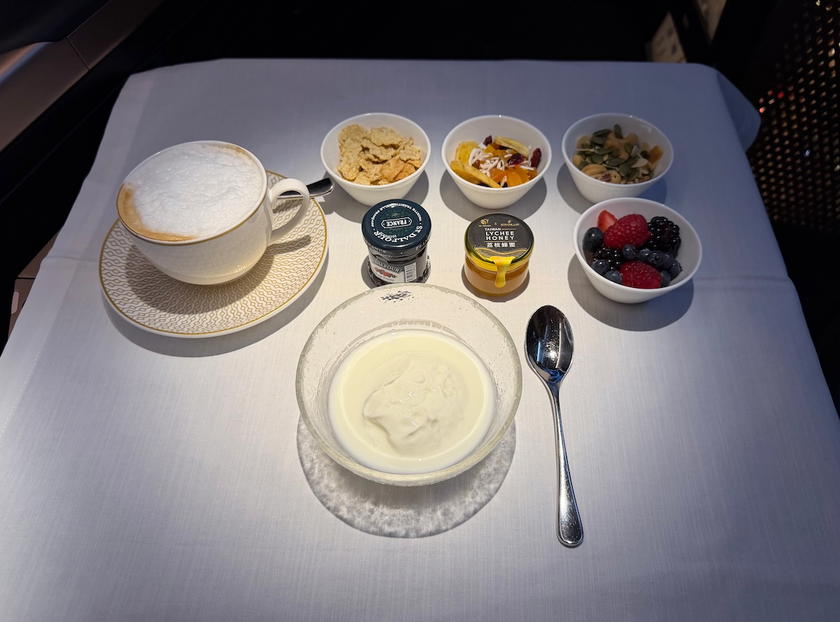 Yogurt served during Starlux Airlines A350 first class breakfast
