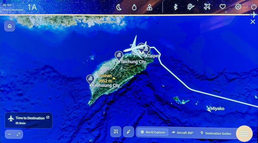 Flight map showing route progress on the seatback entertainment screen in Starlux Airlines A350 first class