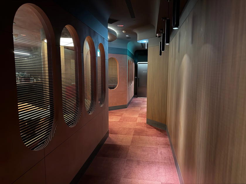 Space-themed seating area design inside the Starlux first class lounge in Taipei