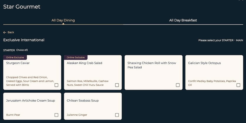 Starlux first class dinner menu listing starters and main course options