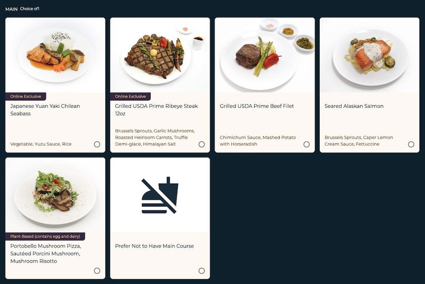 Starlux Airlines first class menu card listing dinner course options