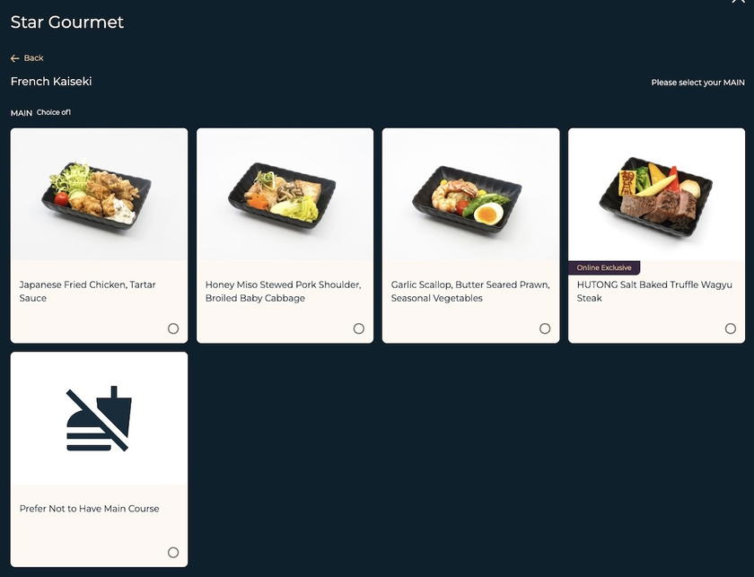 Starlux first class lunch menu featuring salt baked truffle wagyu steak
