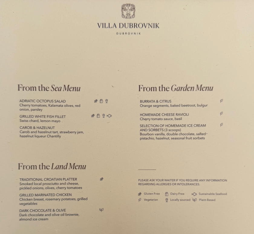 Printed three-course lunch menu at Villa Dubrovnik's Restaurant Pjerin, with garden and land options
