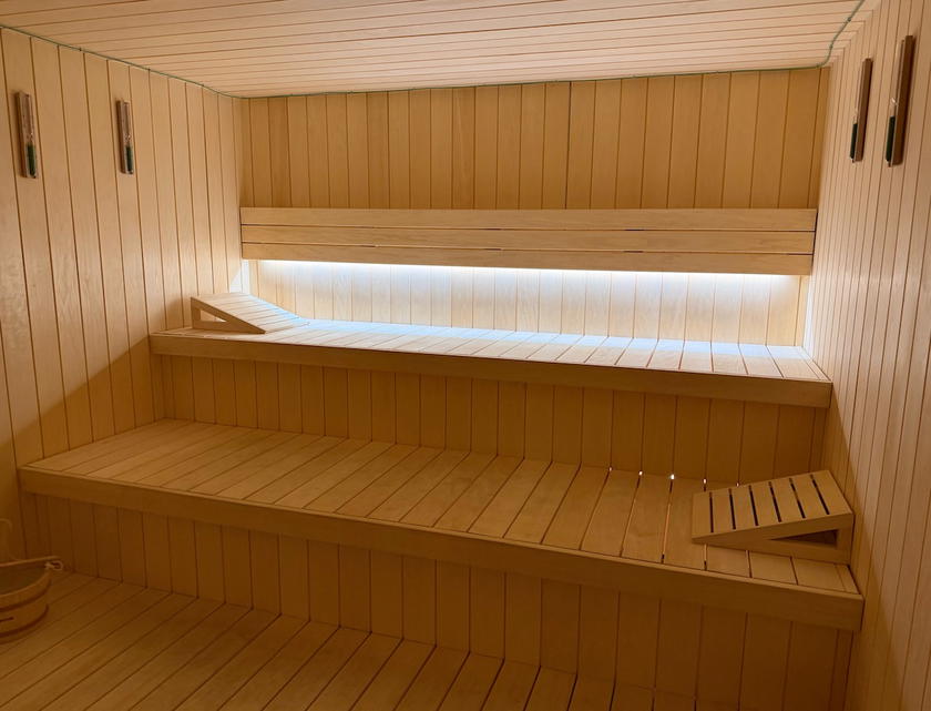 Wood-paneled sauna inside the spa at Villa Dubrovnik