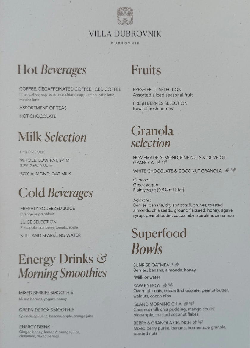 Breakfast a la carte menu at Villa Dubrovnik