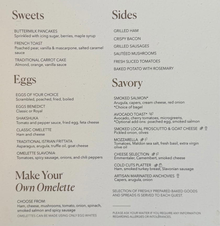 Page from the breakfast menu at Villa Dubrovnik