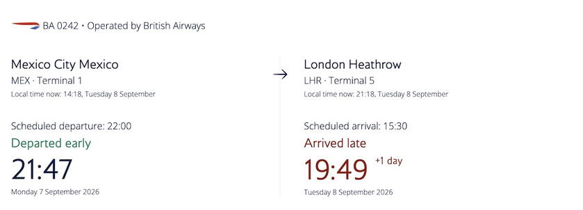 Flight status screen showing British Airways flight BA242 from Mexico City landing and gate arrival times over five hours apart