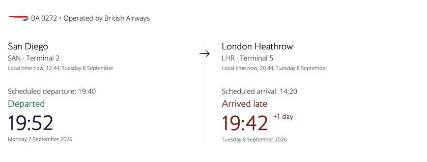 Flight status screen showing British Airways flight BA272 from San Diego landing and gate arrival times over five hours apart