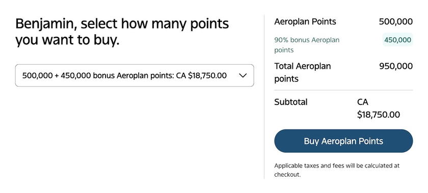 Aeroplan points purchase page showing 500,000 points plus a 90% bonus, 950,000 points total, for $18,750 CAD