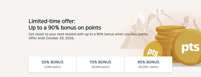 Air Canada Aeroplan points purchase page advertising up to a 90% bonus on purchased points