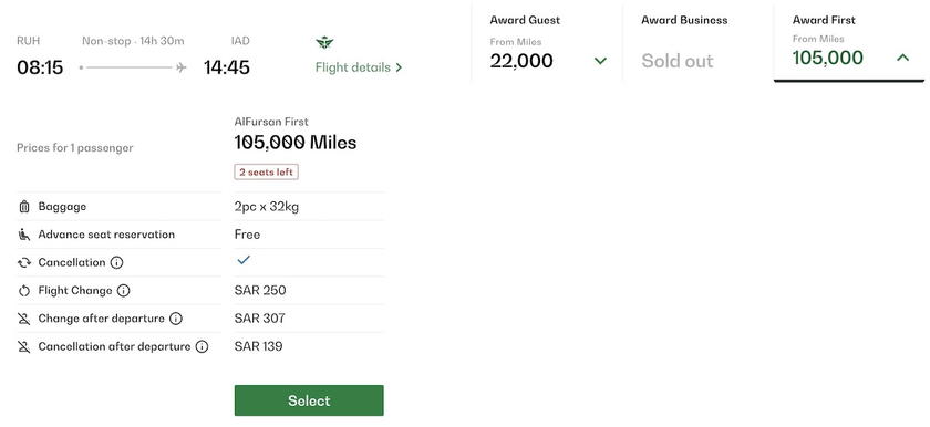 Seats.aero screenshot showing available Saudia first class award space.