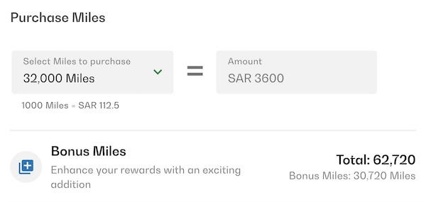 Chart showing the cost to buy enough Saudia AlFursan miles for a first class award to Europe.