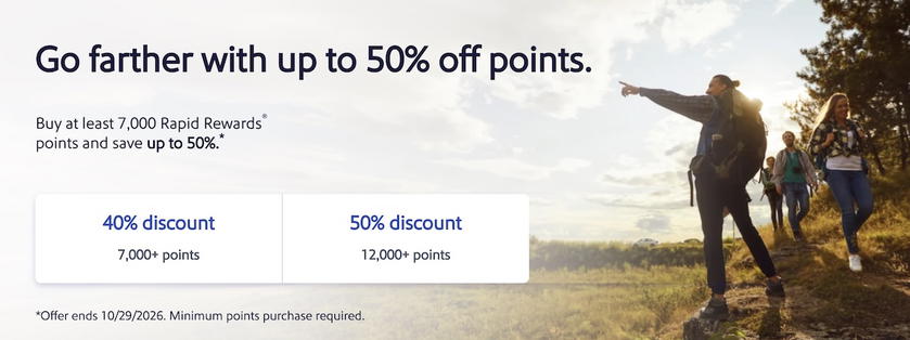 Southwest Rapid Rewards buy points page showing a tiered discount of up to 50% off purchased points