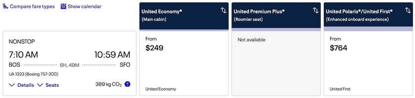 United award search result for a first class flight from Boston to San Francisco priced at 77,300 miles