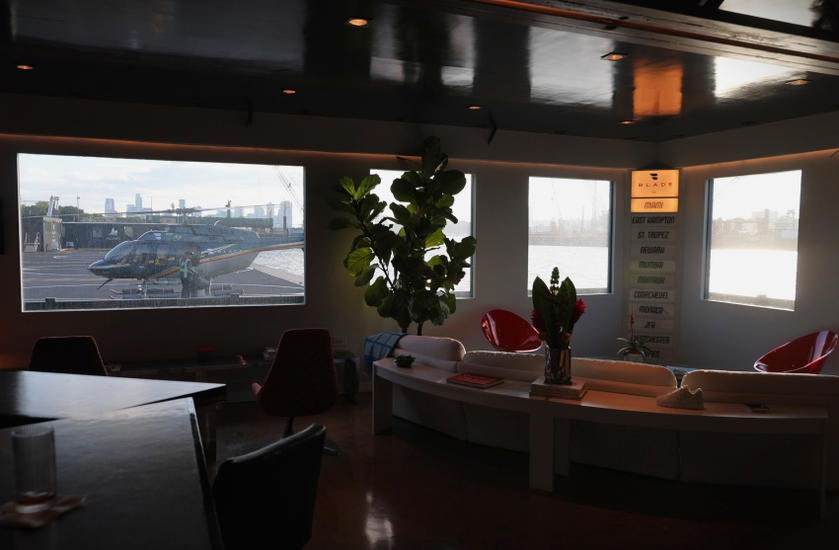 Interior of Blade's West 30th Street helicopter lounge in Manhattan