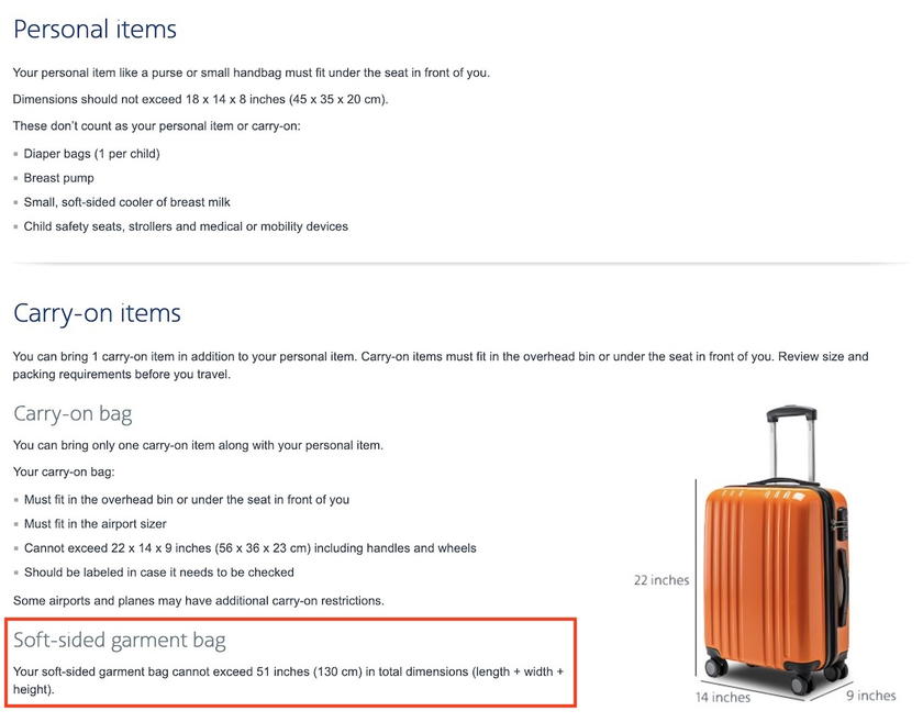 American Airlines carry-on policy page listing garment bags under carry-on items rather than personal items