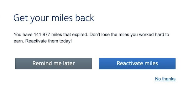 American AAdvantage account notice saying 141,977 miles have expired, with a Reactivate miles button