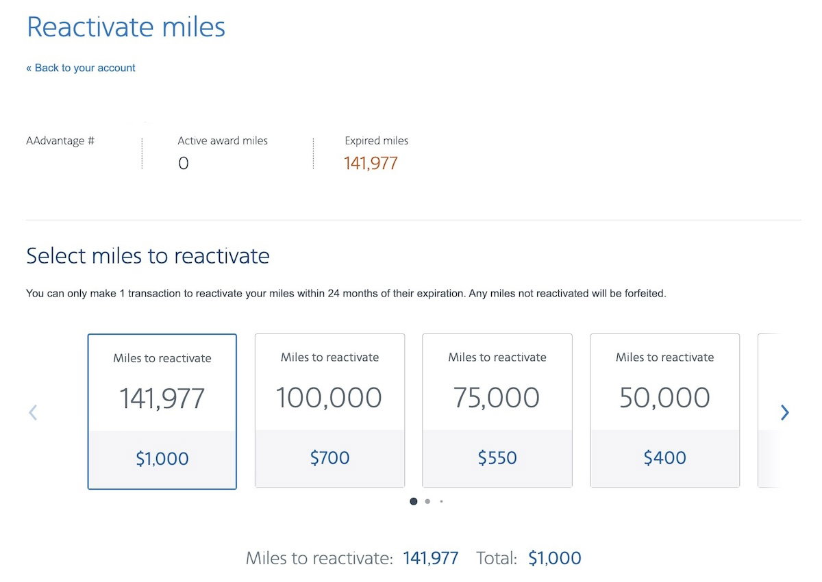 American AAdvantage page offering to reinstate expired miles for a $1,000 fee