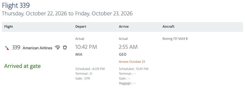 Flight status page for American flight AA339 showing its delayed departure from Miami and late arrival in Guyana