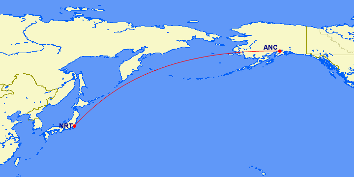 Route map showing Alaska Airlines' nonstop flight from Anchorage to Tokyo Narita