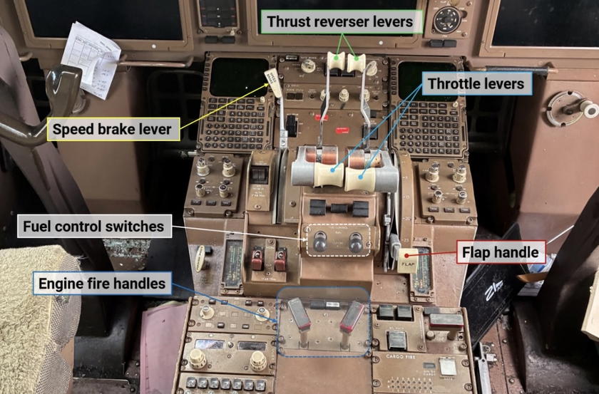 Diagram showing the Amazon Air Boeing 767 cockpit control positions at the accident site