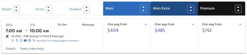 American Airlines cash fares for Miami to New York, starting at $404 in economy and $742 in first class