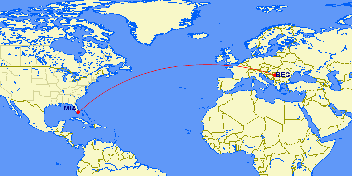 Map of Air Serbia's new route from Belgrade (BEG) to Miami (MIA)