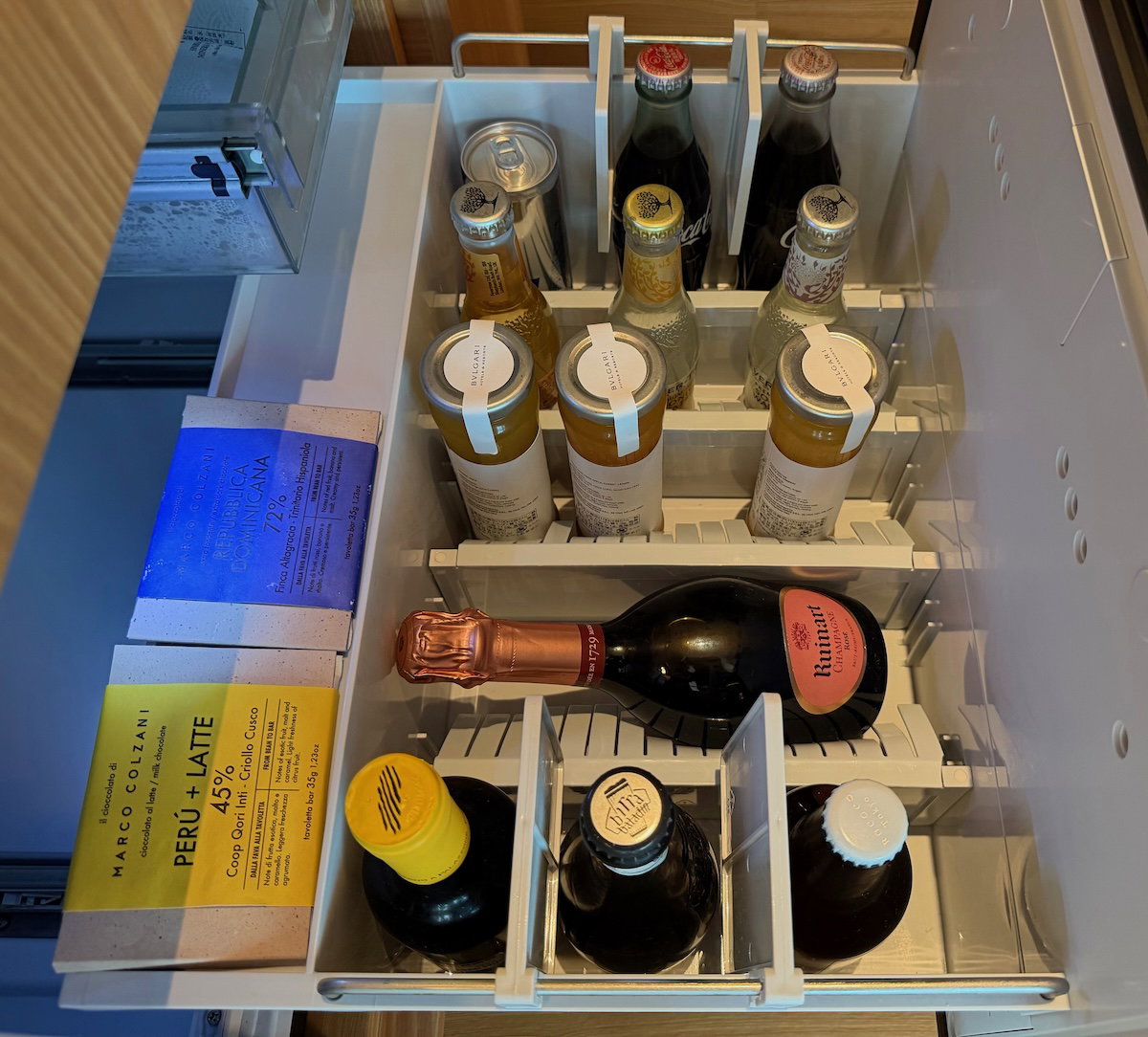 Drinks and snacks stocked in the minibar