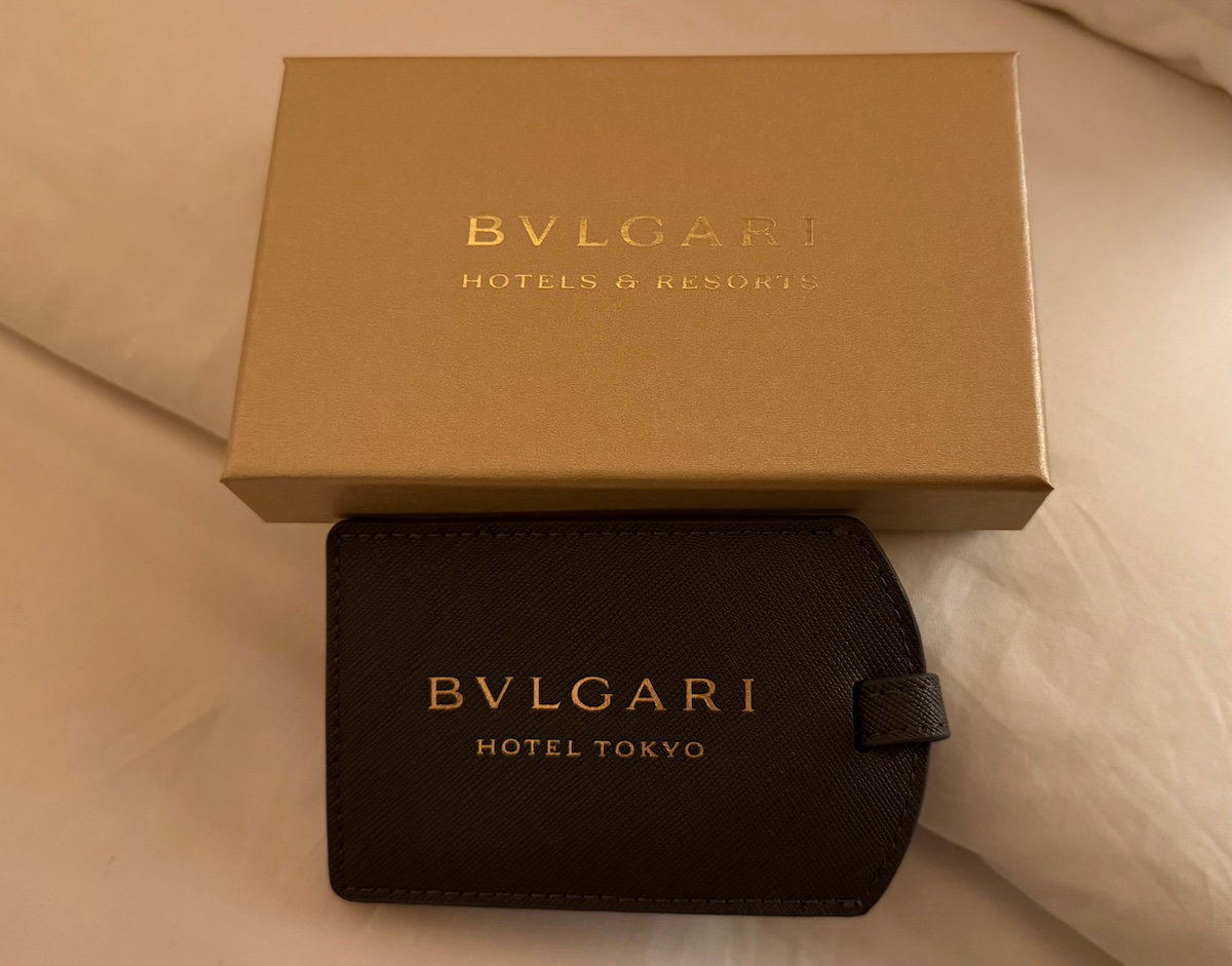 Bulgari luggage tags left in the room during turndown service