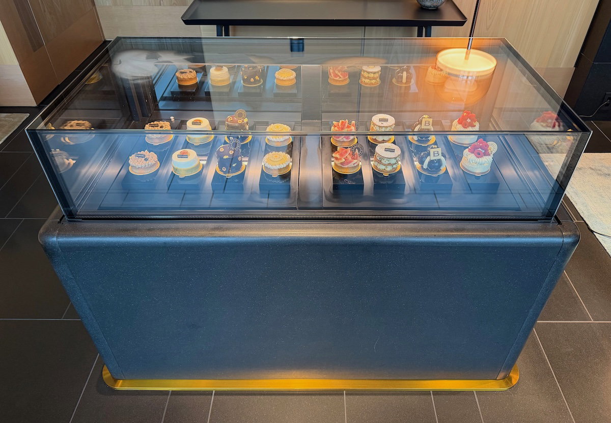 Display case of pastries and sweets in the Bulgari Lounge