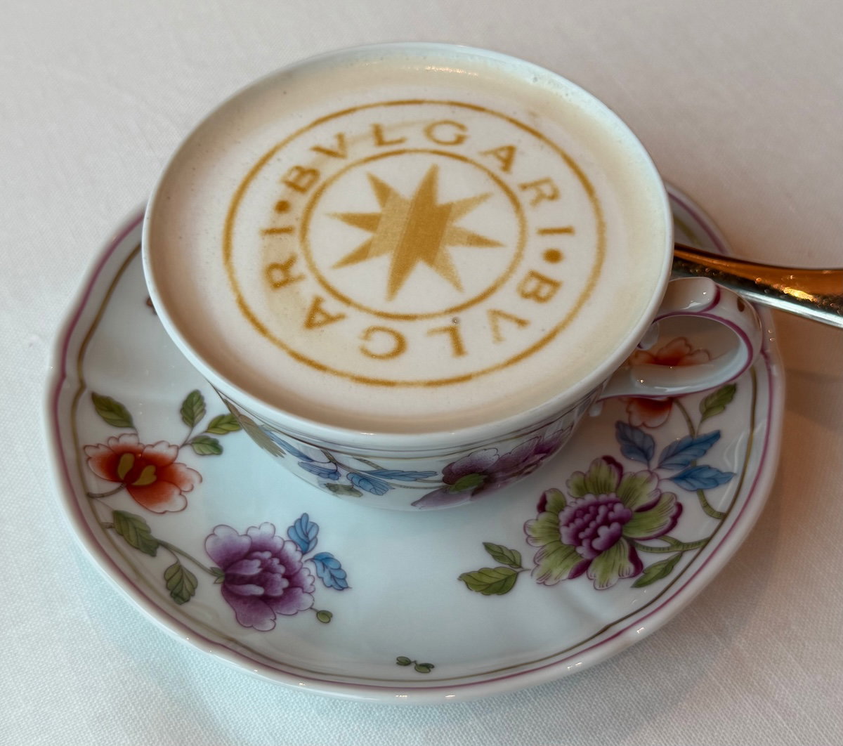Cappuccino with decorated milk foam served at breakfast at the Bulgari Hotel Tokyo