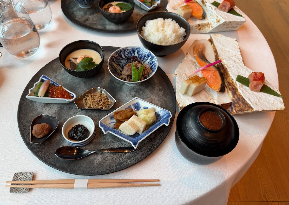 Japanese breakfast set served in small dishes at the Bulgari Hotel Tokyo