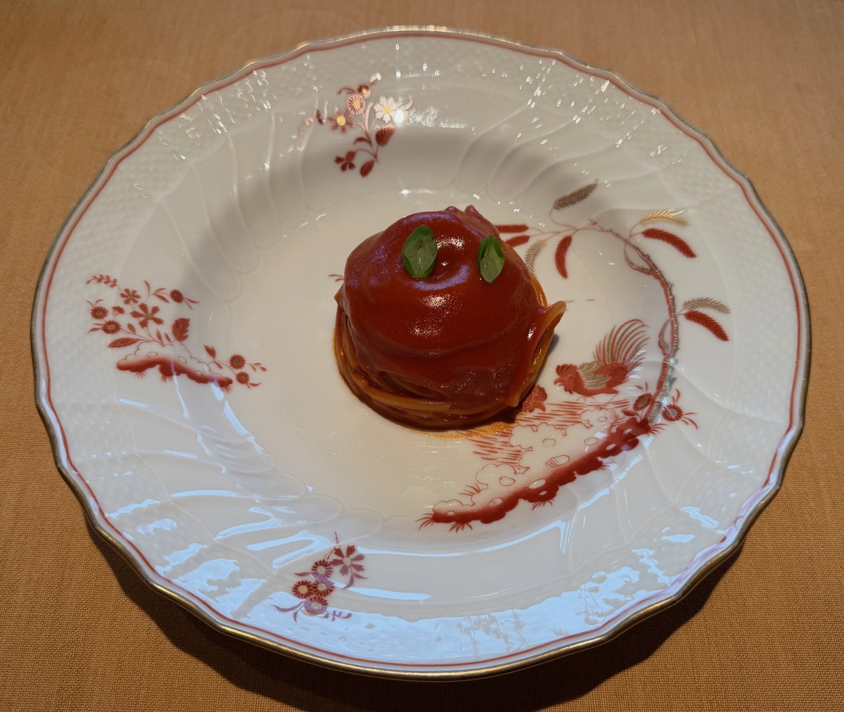 Plate of spaghetti pomodoro at Il Ristorante Niko Romito