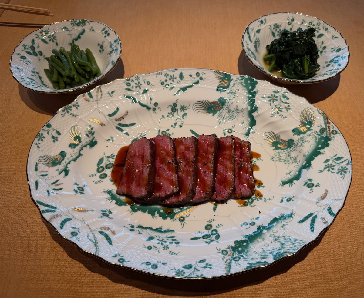 Sliced Miyazaki wagyu beef fillet served at Il Ristorante Niko Romito