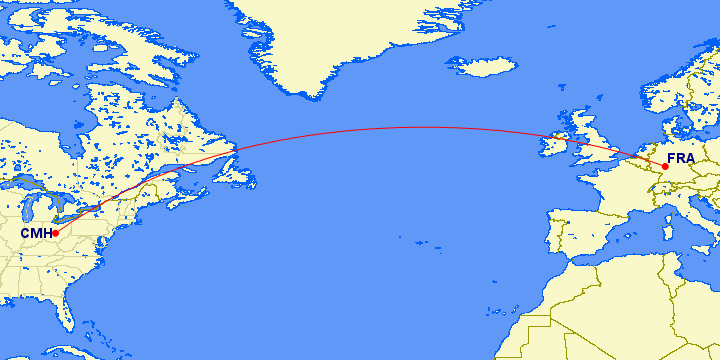 Animated route map of Lufthansa's nonstop flight path between Columbus (CMH) and Frankfurt (FRA)