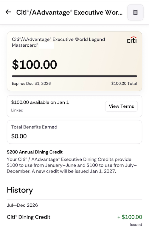 InKind app profile showing the Citi AAdvantage Executive Card linked as a payment method with a new dining credit section