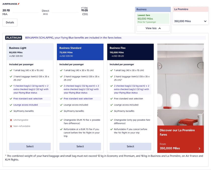 Flying Blue award availability search results showing business class seats