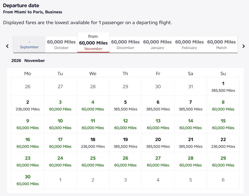 Screenshot of Flying Blue business class award availability search results